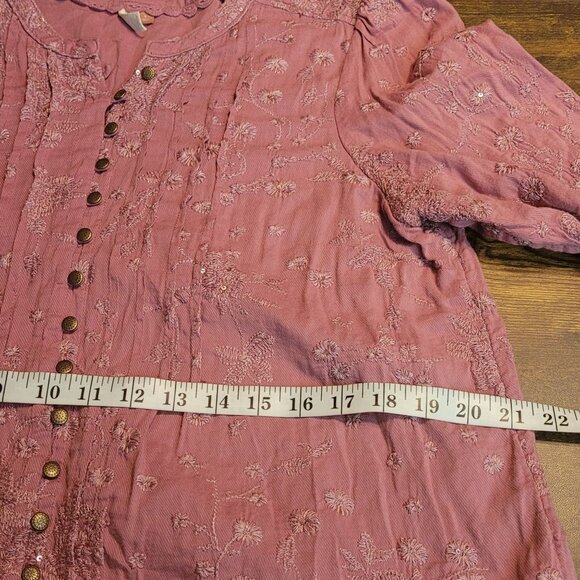 Anthropologie Pilcro Baby Doll Top L Embroidered Floral Sequins Dusty Rose Boho - Picture 7 of 10